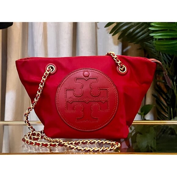 Tory Burch Red Nylon Chain Crossbody Tote With Logo Embossed Patch & Gold Accent - Picture 1 of 11